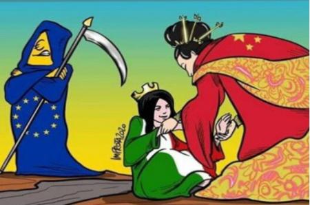 کاریکاتوری درباره حمایت چین از ایتالیا در بحران کرونا