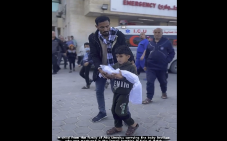 پیکر نوزاد فلسطینی در آغوش برادر خردسالش + فیلم